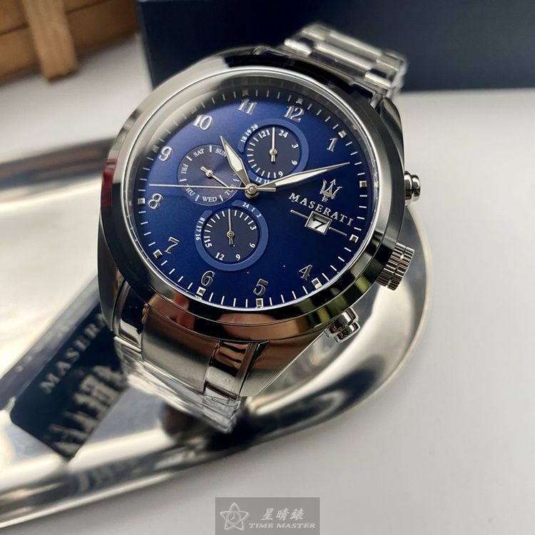 MASERATI手錶,編號R8853112505,46mm寶藍錶殼,銀色錶帶款◉20A004
